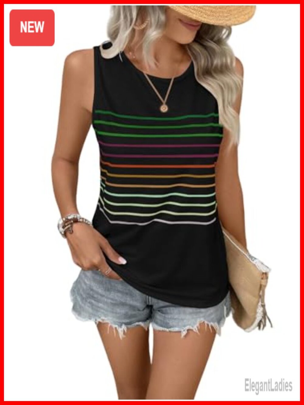Women's Striped Sleeveless Tank Top Slim Fit Crewneck Casual Summer